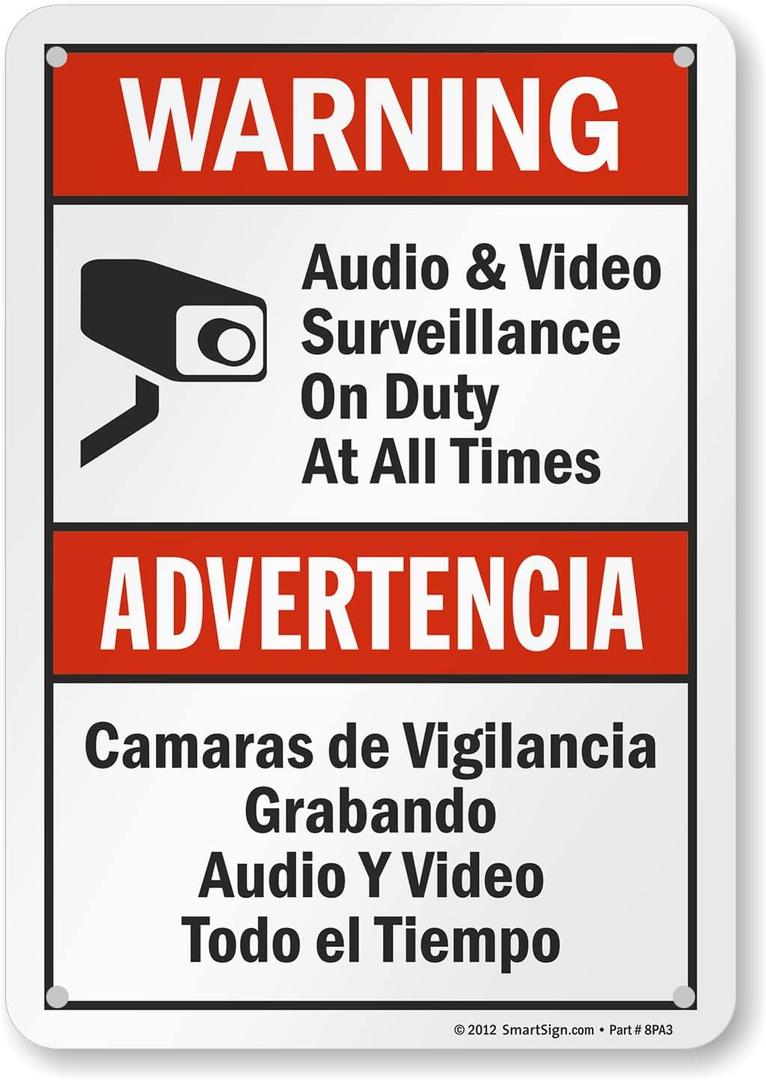 SmartSign "Warning - Audio & Video Surveillance On Duty At All Times" Bilingual Sign | 7" x 10" Aluminum