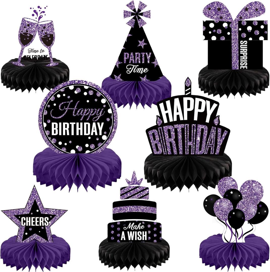 Pajean 8 Pieces Purple and Black Birthday Party Honeycomb Centerpieces Purple Black Table Centerpieces Decorations Table Centerpiece Sign for Kids Adults Party Supplies (Glitter)
