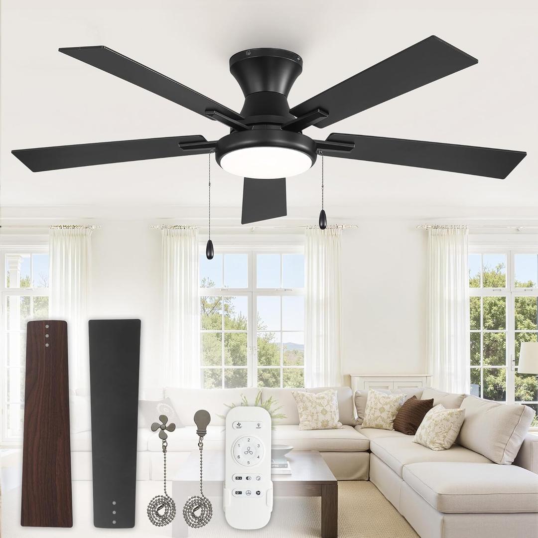 ZMISHIBO 52inch Ceiling Fans with Lights, Low Profile Ceiling Fan with Pull Chain and Remote Control, Flush Mount, Reversible, Dimmable, Noiseless, Black Pull Cord Ceiling Fan for Bedroom