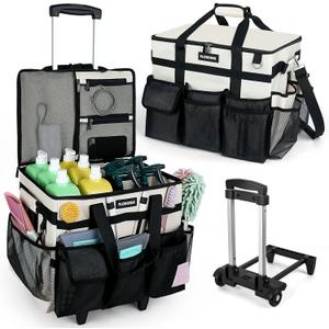 Large Rolling Cleaning Caddy Bag with Wheels, with Detachable Trolley, Cleaning Bags on Wheels for Housekeepers, Cleaning Cart Supplies Organizer for Home, Car, Picnic (Beige)