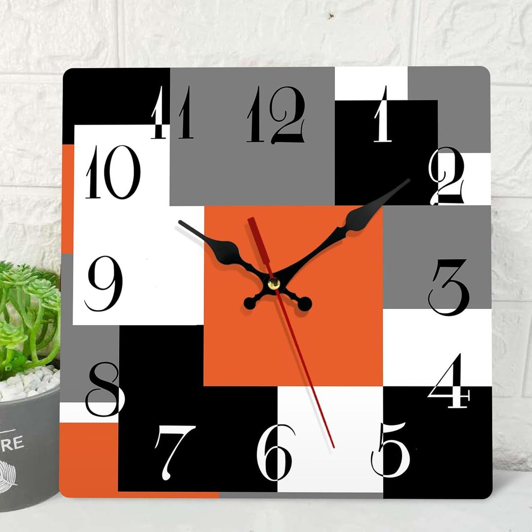 ArtSocket Wooden Wall Clock Silent Non-Ticking, Abstract Orange Black Grey Geometric Minimalist Checkered Square Rustic Wall Clocks Decor for Home Kitchen Living Room Office, Battery Operated (12 Inch)