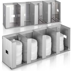 Hicarer 4 Compartments Stainless Steel Cup Dispenser with Adjustable Dividers Silver Cup and Lid Holder Lid Organizer Storage for Cabinet Kitchen Cafe Tea Shop Restaurant