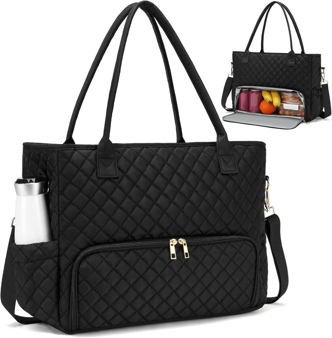 2-in-1 Lunch & Laptop Tote Bag 15.6" Work Bags for Women Polyester Casual Teacher Nurse Bag Laptop Briefcase (Black)