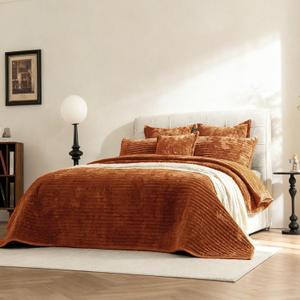 Velvet Oversized King Size Quilt Set 3 Pieces Striped Bedspread All-Season Bedding Set Soft Comfort Coverlet 120x120 with 2 Pillowcases 20x36, Caramel