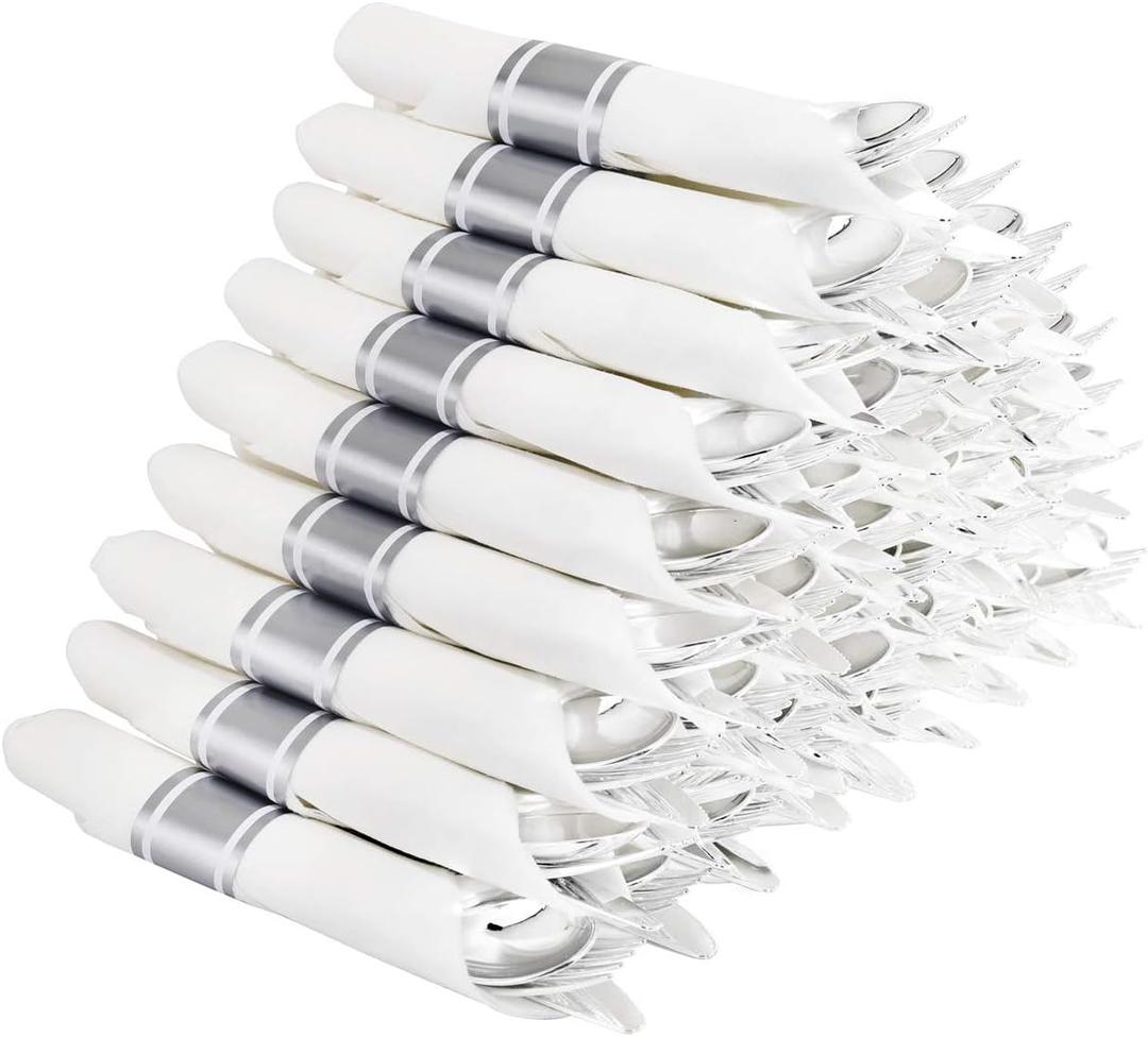 Supernal 60 Pack Silver Plastic Silverware,Pre Rolled Silverware,Premium Disposable Silver Cutlery,Suit for Wedding,Catering Event,Birthday,Party