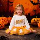 Toddler Girl Halloween Outfit Ghost/Pumpkin Sweatshirt+Embroidered Pattern Skirt 1-6Y (White)