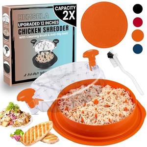 HEMSELA Chicken Shredder Tool Twist Large 12” with Visible Lid & Cleaning Brush | Meat Shredder Twist for Thin Chicken Breast | Dishwasher Safe Chicken Shredder Tool Twister & Food Shredder (Orange)