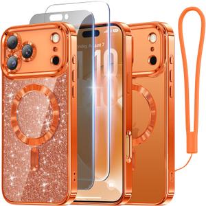 Meifigno Designed for iPhone 17 Pro Max Case 6.9", [Glitter Card & Wrist Strap] [Compatible with MagSafe] [1HD+1X Privacy Screen Protectors] Surround Raised Lens Protection 17 ProMax Case, Orange