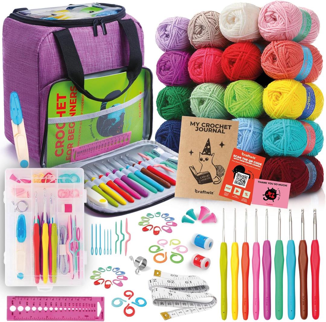 Craftwiz Ultimate Beginner Crochet Kit for Adults and Kids  Your Complete Starter Set to Learn Crochet  Includes 20 Yarn Skeins, 9 Hooks, and Crochet Book