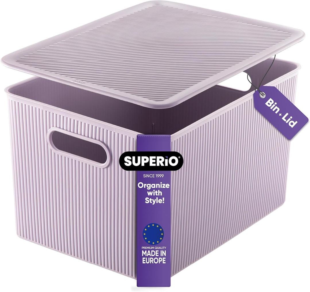 Superio Ribbed Collection - Decorative Plastic Lidded Home Storage Bins Organizer Baskets, X-Large Lilac Purple (1 Pack - 22 Liter) Stackable Container Box, for Organizing Closet Shelves Drawer Shelf