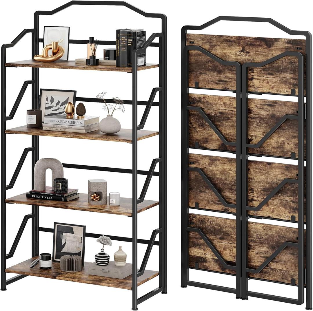 JSB 4 Tier No Assembly Folding Bookshelf, Foldable Storage Bookcase for Home Office, Space-Saving Storage Shelf for Living Room, Bedroom (Rustic Brown, 4-Tier)