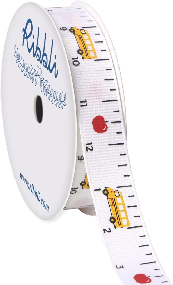Ribbli Grosgrain Ruler & School Bus Craft Ribbon, 5/8-Inch,10-Yard Spool, White/Yellow/Red,Use for Teacher Appreciation Gift,Back to School Decoration,Wreath,Gift Wrapping,All Crafting and Sewing