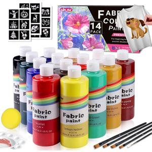 Colorful 14 Colors Permanent Fabric Paint for Furniture, 16.65 oz (500 ml) Fabric Paint for Clothes, Soft Rich Pigment Non-Toxic Textile Paint for Fabric DIY Crafts T-shirts Shoes Jeans for Adult