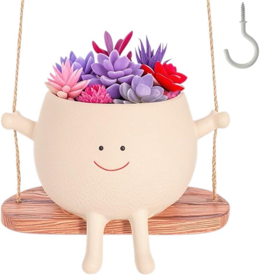 Swing Face Hanging Planter Pot with Drainage Hole - Resin Smiley Flower Pot for Indoor/Outdoor, Pearl Plants & Succulents, for Mothers, Holiday Dcor