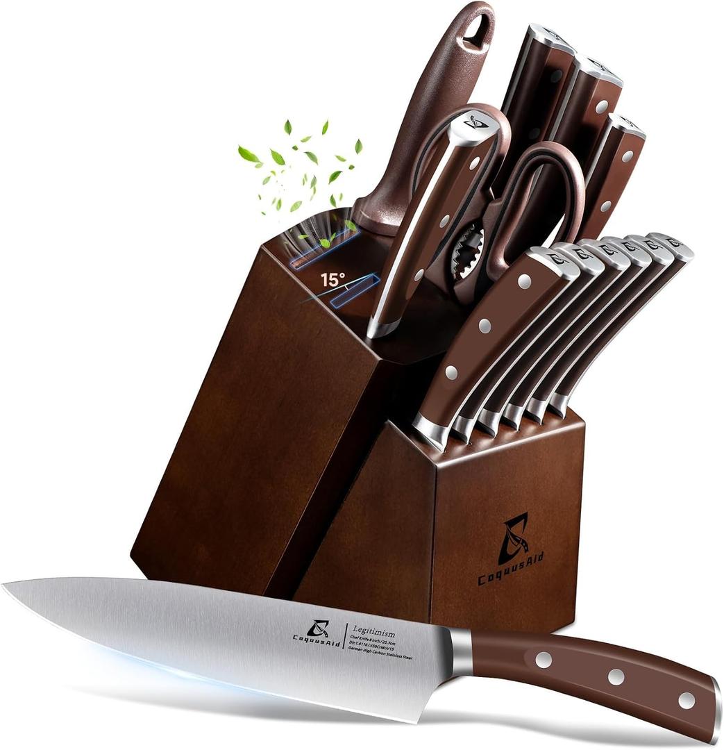 CoquusAid Knife Set, Upgrade 15 Pcs Knife Block Set with Widened Ventilated Slot, German Stainless Steel Kitchen Knives Set with Sharpener, Professional Chef Knives Set, Full Tang Ergonomic Handle