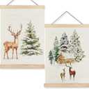 URLLUAE Christmas Tree Deer Winter Forest Wall Art Posters, Rustic Snow Covered Christmas Tree Cabin Winter Scene Poster Hanger Frame for Home Bedroom Living Room Wall Decor, 12x16 Inch Set of 2