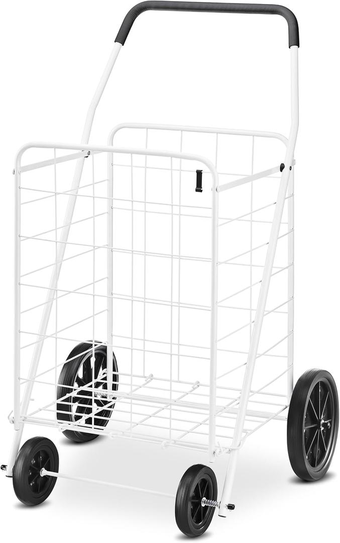 Whitmor Deluxe Utility Foldable Shopping Cart with Wheels, 100 Lb Capacity, Heavy Duty Grocery Cart with Steel Frame, Foam Handle, Rolling Folding Utility Trolley for Grocery, Laundry, Travel, White