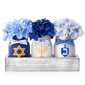 KIVIVO Hanukkah Decorations for Home, Chanukah Table Decor with Mason Jars, Hydrangea, Wood Tray, Hanukkah Gifts Table Centerpieces, 25 Pcs Chanukah Decorations Indoor for Living Room Bedroom
