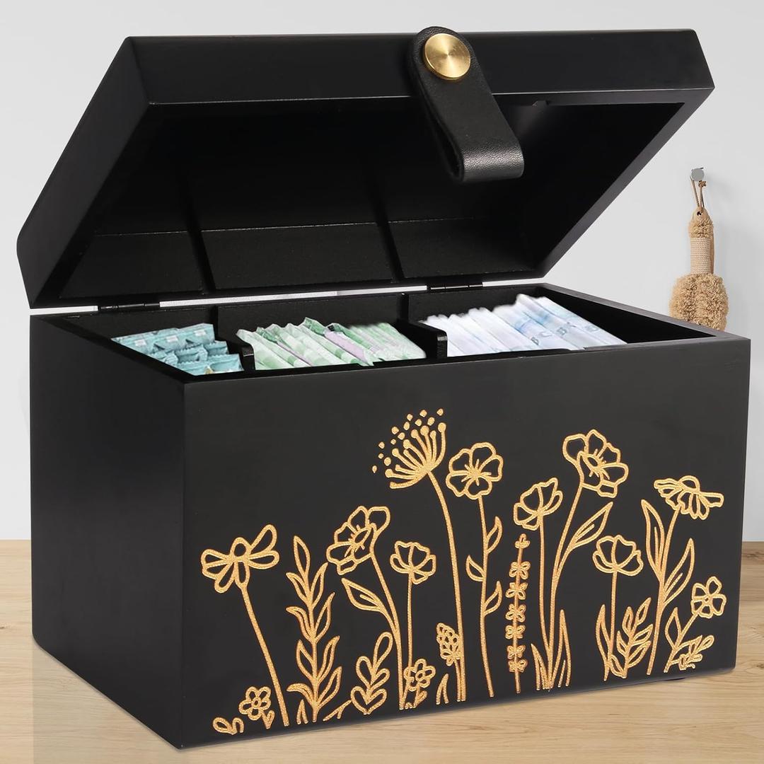 100% Solid Wood Tampon Holder Box with Lid, Copper Leather Pull, Absolute Real Wood Bathroom Decorative Box for Feminine Product Storage and Accessories such as Tampons, Cotton Balls, Gifts for Women (BlackMeadow Floral)