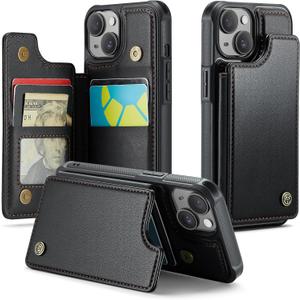 Compatible with iPhone 15 Wallet Case with Card Holder RFID Blocking for Women Men, Double Magnetic Clasp Kickstand Shockproof Phone Case Fit for iPhone 15, Black