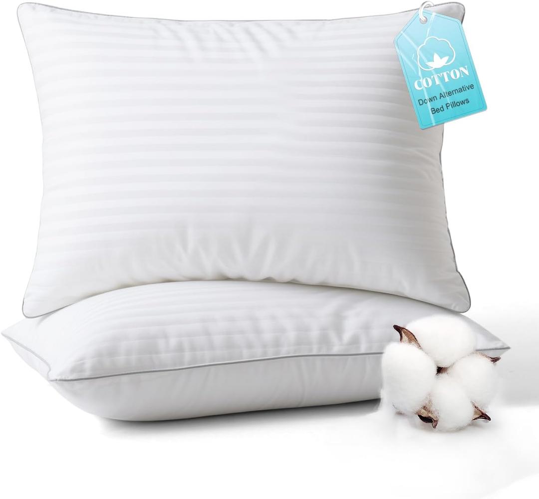 Bed Pillows Queen Size Set of 2-100% Cotton Cover, Down Alternative Gel Polyfill Filled, Flat Soft Medium Adjustable Hotel-Style Pillow Inserts, 20x30 Inch (White)