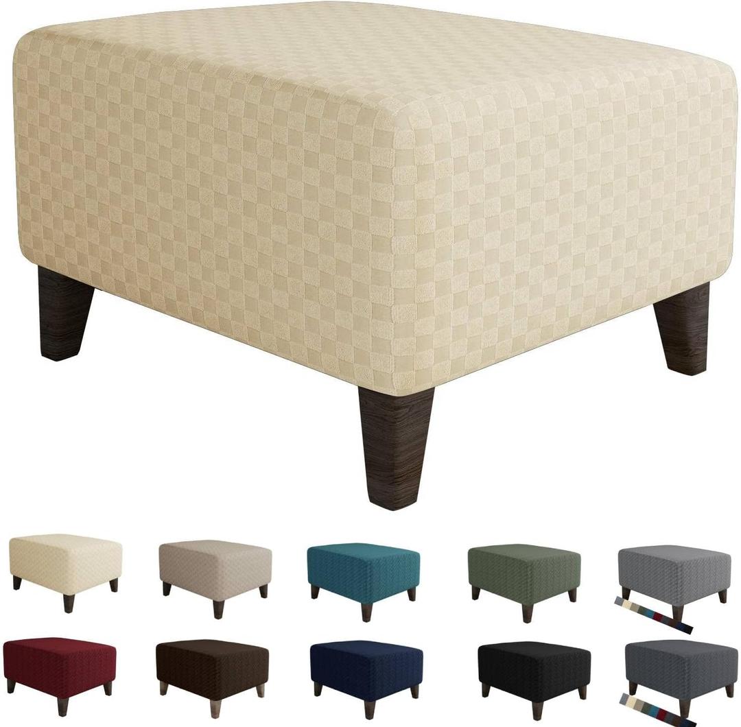 MAXIJIN Jacquard Ottoman Cover Slipcovers Folding Storage Stool Furniture Protector Cover Soft Thick Rectangle Foot Rest Slipcover with Elastic Bottom (Ottoman Small, Light Beige)