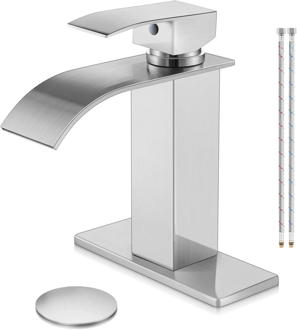 Herogo Brushed Nickel Waterfall Bathroom Faucet, Stainless Steel Vanity Sink Faucet Set with Pop-up Drain & Hooks, Single Handle 1 Hole or 3 Holes Deck Mount RV Lavatory Tap with 2 Water Hoses