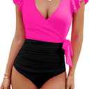 Blooming Jelly Women's Tummy Control Swimsuits Slimming One Piece Bathing Suit Ruffle Wrap V Neck Swimwear (Medium, Hot Pink and Black)