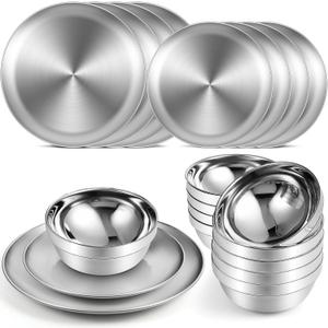 Sunnyray 10 Sets Stainless Steel Plates and Bowls 6.7, 10.2 Inch Metal Camping Plates Reusable 13oz Steel Snack Bowls Feeding Serving Dinner Dishes Double Walled Insulated for Men Women Kids