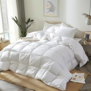 Goose Feather Down Fiber Comforter - Queen Size Duvet Insert, 100% Cotton Cover All Season Lightweight Comforter Ultra Soft Luxurious Hotel Bedding, 88x88 (White)