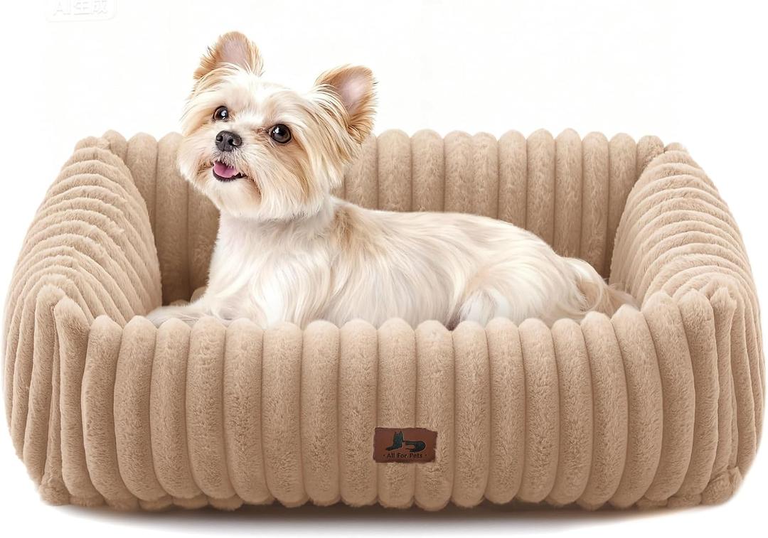 Washable Dog Bed for Small Medium Dogs - Rectangle Orthopedic Corduroy Fleece Pet Bed with Removable Cover and Nonskid Bottom, Calming Puppy Bed Soft Pet Sofa, Camel(20x19x6inches)