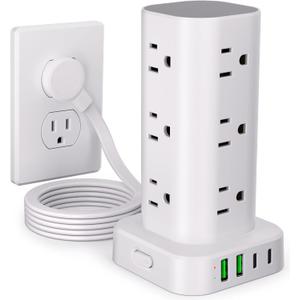 Power Strip Tower with Multiple Outlets, Flat Plug Surge Protector Tower Extension Cord with 12 AC Outlets 4 USB Ports (2 USB C), 6FT Cord Power Tower Surge Protector for Home Office Dorm Room, White