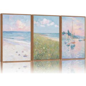 Rantodecor Impressionist Framed Canvas Wall Art, Vintage Italy Coastal Sailboat Wall Decor, Light Blue and White Posters Art Prints, Pastel Beach House Artwork for Bedroom Living Room Office 16"x24"x3