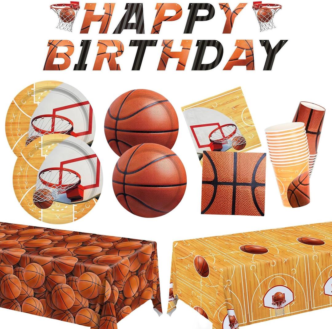 Gatherfun Basketball Party Supplies Kit for 24 - Basketball Party Decorations with Dinner & Dessert Plates, Napkins, Cups, Banner & Tablecloth - for Basketball Birthday & Sports Party Decorations