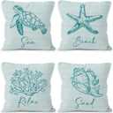 Coastal Beach Throw Pillow Covers 18x18, Ocean Sea Turtle Starfish Coral Seashell Decorative Pillow Covers for Home Bedroom, Coastal Pillowcases, Beachy Room Decor Accent Pillows Cover Set of 4