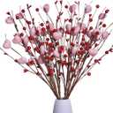 J'FLORU Valentines Day Decorations 6 Pack Valentines Day Picks Berry Stems with Pink Hearts for Valentine Decor Anniversary Wedding Decorations (Red/Pink)