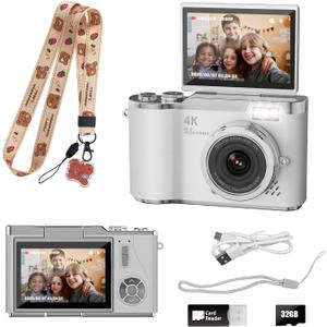 Kids Camera,4K Digital Camera for Photography,48MP 1080P HD Video Selfie Camera,with 180° Flip Screen Flash,with 32GB SD Card,for Starter Kid Children Teen Student Girl Boy(White)