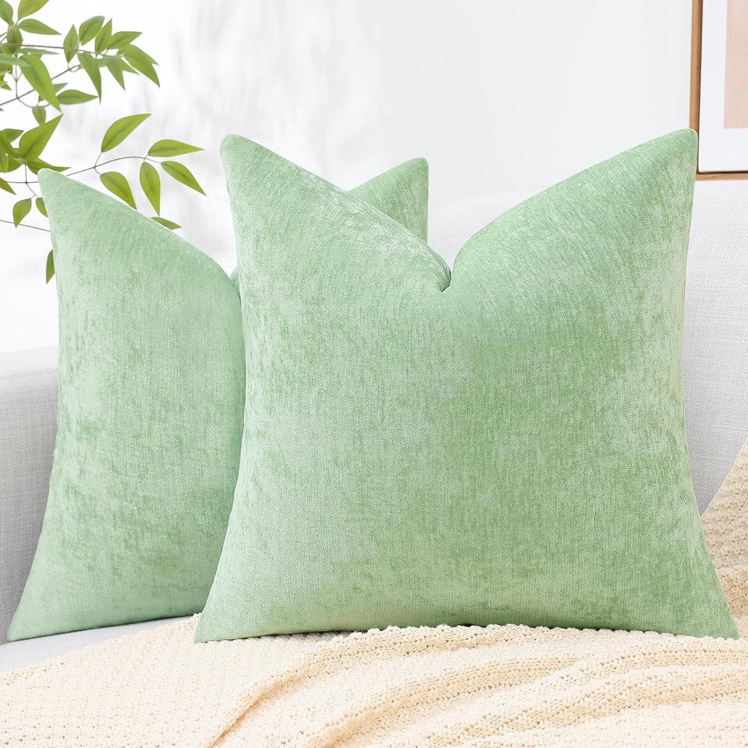 decorUhome Couch Throw Pillow Covers 20x20 Set of 2, Decorative Soft Neutral Chenille Solid Dyed Square Pillow Covers for Sofa Bed Living Room, Sage Green
