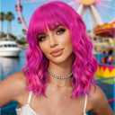 XIXIBI Colorful Wigs with Bangs Short Bob Wavy Curly Wig for Women Hot Pink Mixed Purple Synthetic Hair Replacement Wigs for Girls Costume Cosplay Daily Party Use 14 Inch