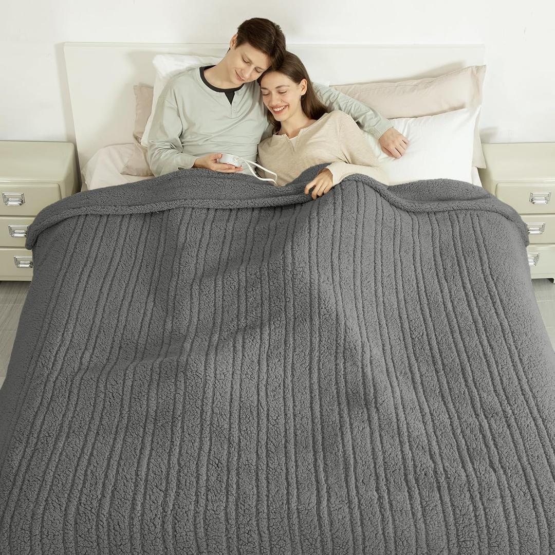 Heated Blanket King Size Single Control - 100"X90" Soft Double Sided Sherpa Electric Blanket with 6 Heating Levels & 10 hrs Timer Settings, Washable & ETL Certified for Bed, Grey