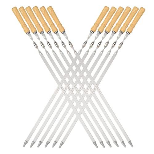 FOWUTAS Large Size Kabob Skewers Flat Metal BBQ 22" Barbecue Skewer Wooden Handle Stainless Steel Shish Kabob Stick Wide Reusable Grilling Set Meat Shrimp Chicken Vegetable Kebab Fork Sausage-12PCS