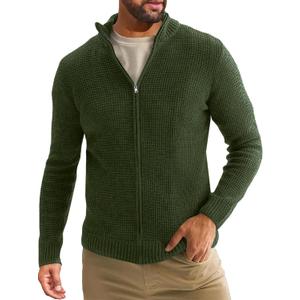 Runcati Mens Full Zip Cardigan Sweater Casual Waffle Stand Collar Knitted Winter Chunky Sweaters (X-Large, Army Green)