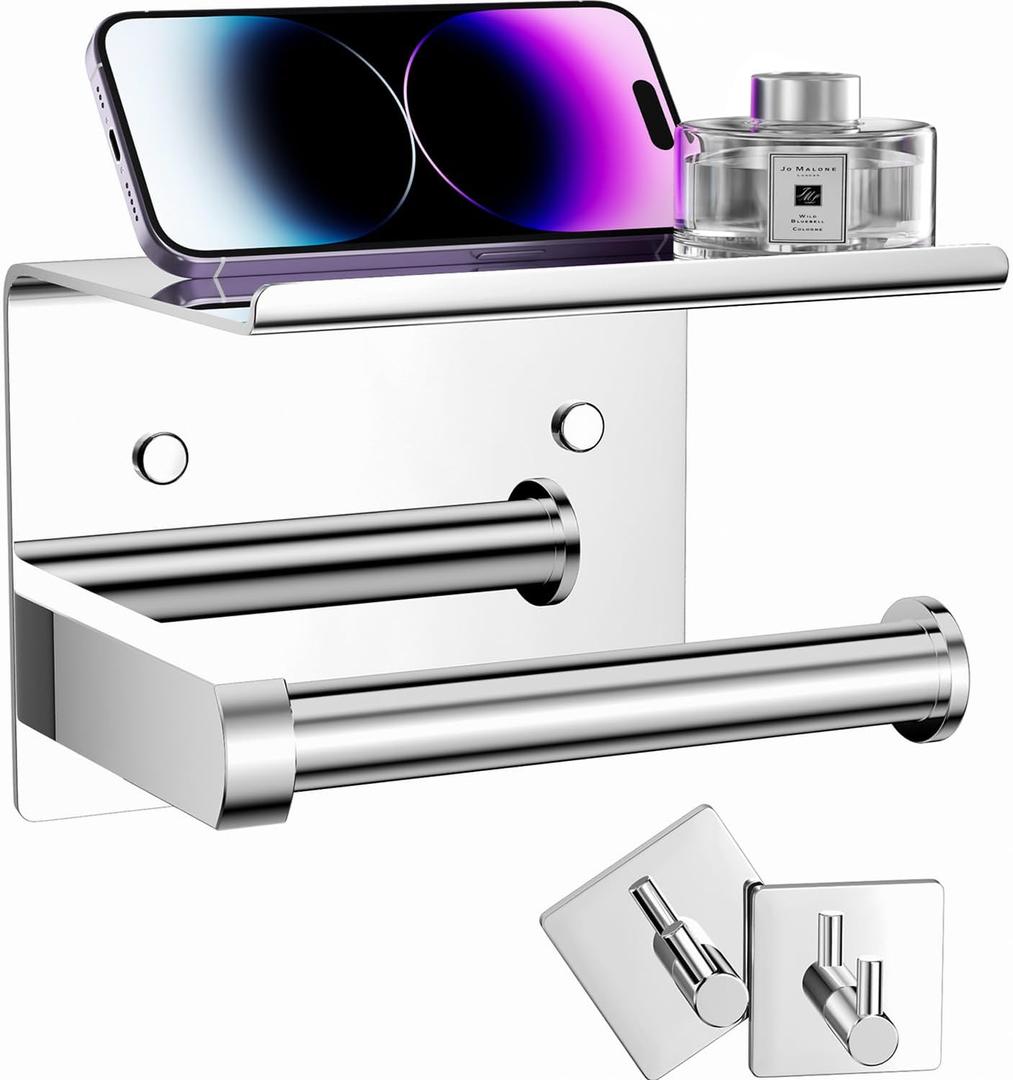 Tindbea Toilet Paper Holder with Phone Shelf + Towel Robe Hooks, Adhesive or Screw Wall Mounted Toilet Paper Roll Storage, Stainless Steel Bathroom Tissue Roll Holder (Polished Chrome) (Regular)