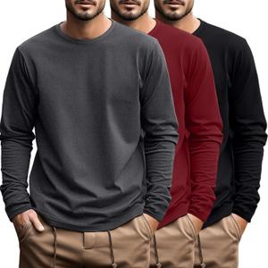 Ficerd 3 Pack Men's Big and Tall Shirts Long Sleeve Cotton Tee Crew Neck Oversize Tops Casual Loose Fit Knitted T Shirts (Large, Black, Dark Gray, Wine Red)