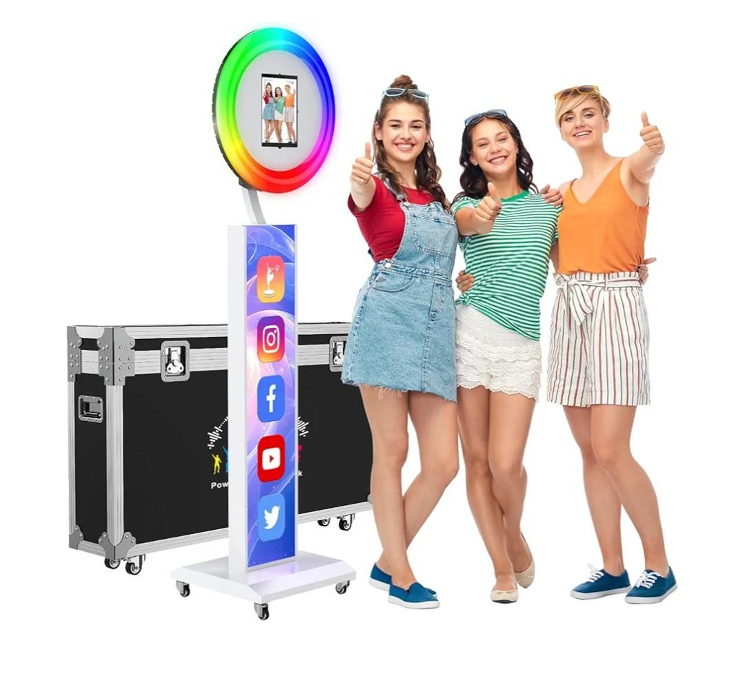 JIYANG Portable Photo Booth Compatible with Any Ipad,Photo Booth Stand Shell with ChackTok PhotoBooth VIP Member and Flight Case,Free Custom Logo,Perfect for Parties,Wedding and Events(White)