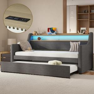 Twin Upholstered Daybed & Roll-Out Trundle, Linen Frame with LED Light, Built-in Charging Station, Storage Headboard & Rolling Guest Bed for Living Room Bedroom Guest Room, Gray