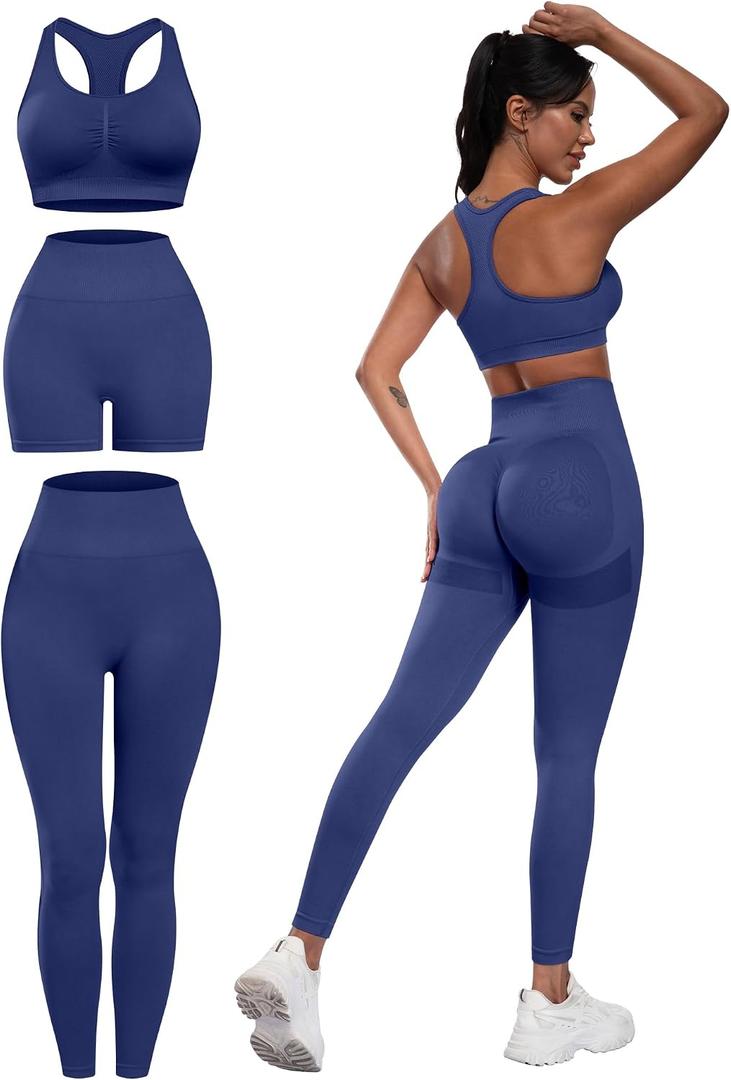 SALSPOR 3 Piece Workout Sets for Women Butt Lifting Leggings with High Impact Sports Bra Gym Shorts(3DWX-Navy Blue-S)