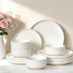 Plates and Bowls Sets, Dinnerware Sets for 4, 12 Pieces Scratch Resistant Dishware Dishes Set, Ceramic Kitchen Dinner Set, Porcelain & Microwave and Dishwasher Safe, Cream White