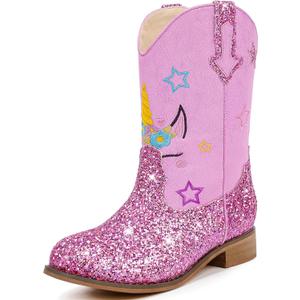 Unicorn Girls Cowgirl Boots Mid Calf Square Toe Glitter Toddler Western Cowboy Boot Little Kid Big Kid Riding Shoes Princess Dress Up Party Birthday Dance (7 Toddler, Unicorn Purple)