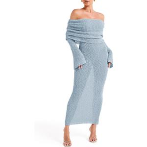 Saodimallsu Womens Off Shoulder Summer Maxi Dress Bell Long Sleeve Sexy Bodycon Strapless Sheer Beach Swimsuit Coverup (Blue)